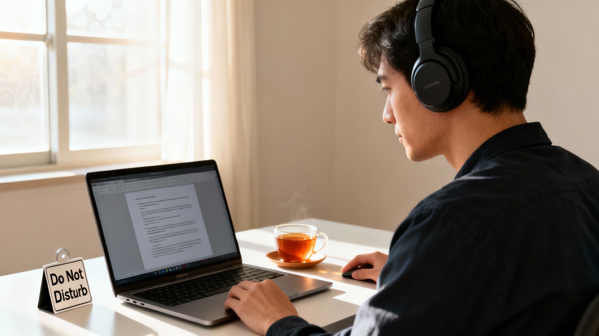 A focused man wearing headphones works on his laptop with tea and a 'Do Not Disturb' sign.