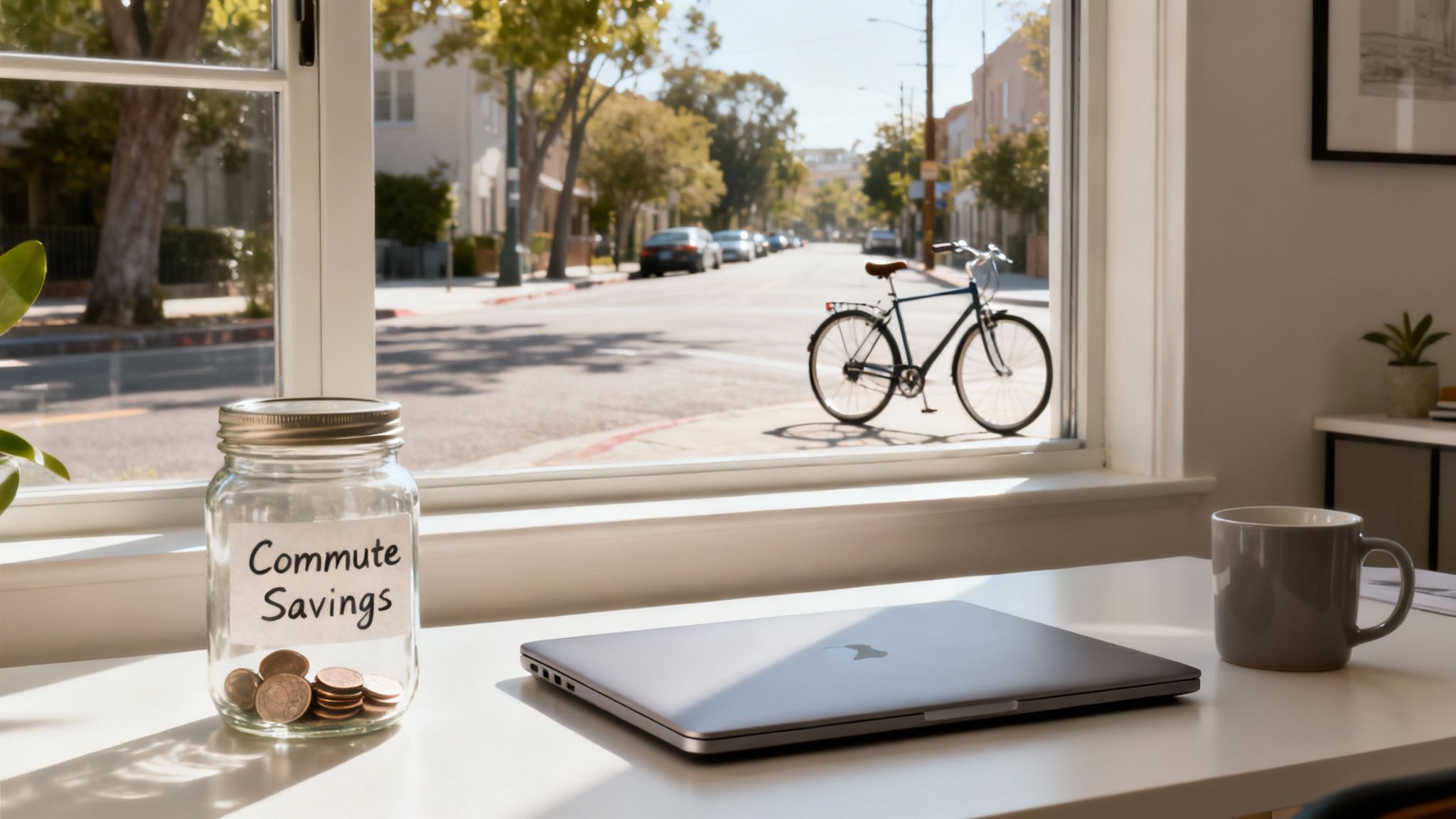A 'Commute Savings' jar with coins, a closed laptop, and a mug on a desk by a window overlooking a street with a bicycle.