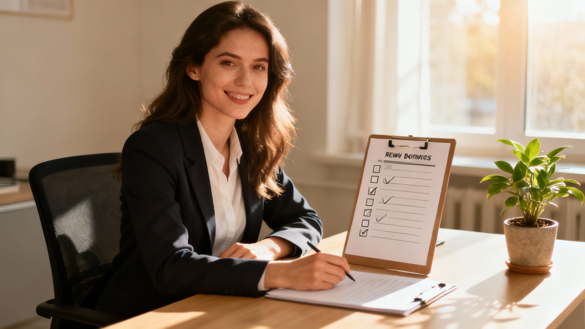 A person sitting at a clean, organized desk, looking focused and calm, with natural light streaming in.