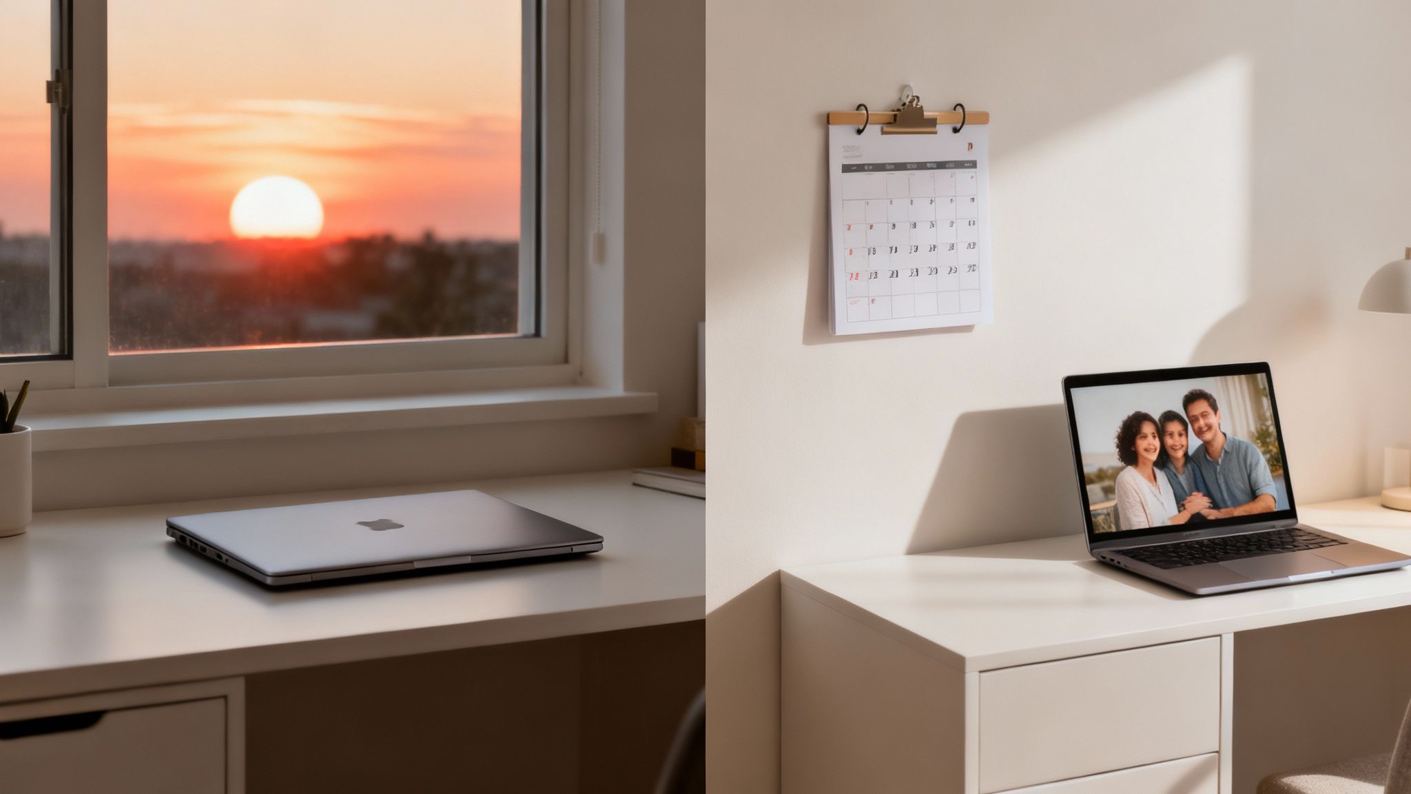 Two home office desks with laptops, one by a window with sunset, the other displaying a family photo.