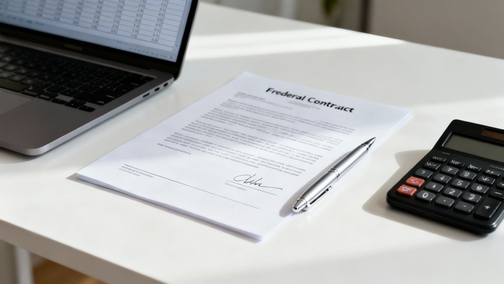 A person reviewing financial documents and contracts on a laptop at a clean, organized desk.