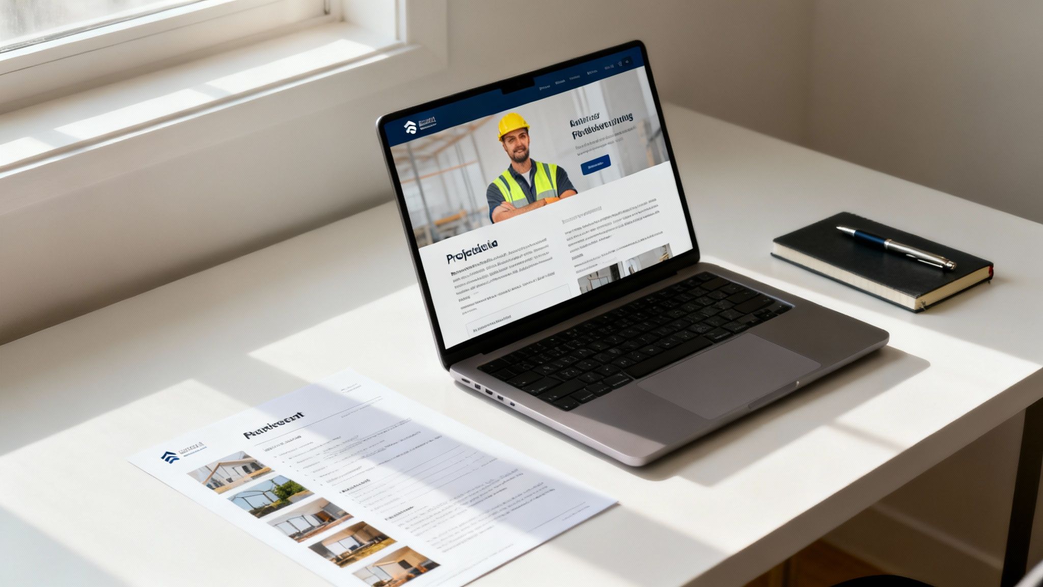 A laptop on a white desk displays a construction website, alongside a document with house images and a notebook.