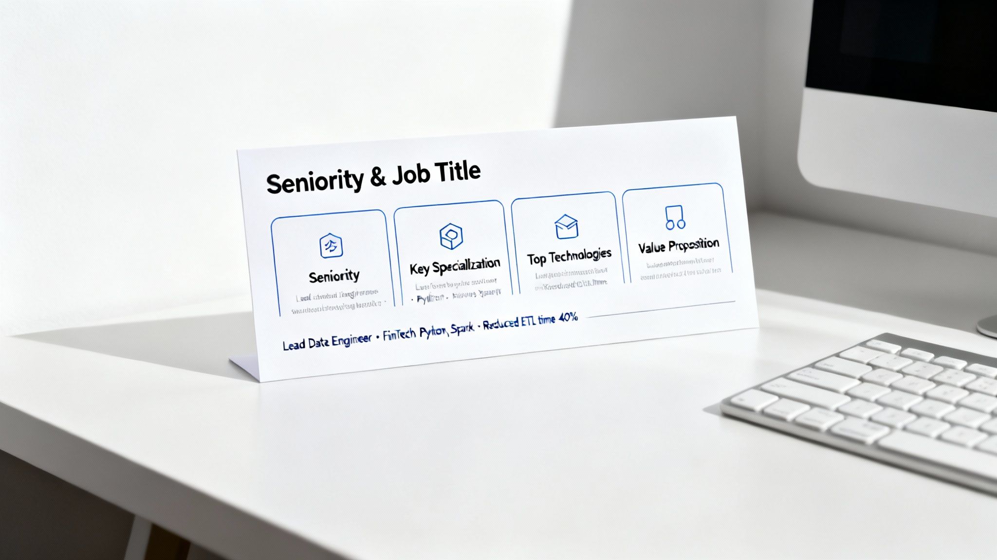 A professional profile display board showcasing seniority, key specialization, top technologies, and value proposition for a Lead Data Engineer.