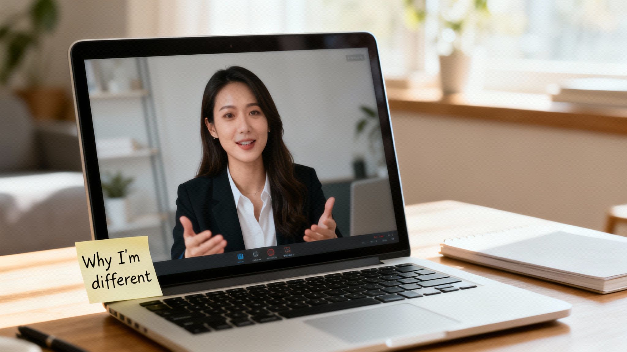 Young woman on a laptop video call with a sticky note saying 'Why I'm different'.