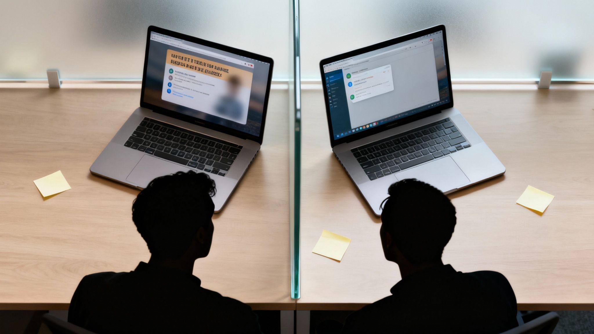Two silhouetted individuals work separately on laptops at a modern office desk with glass partition.