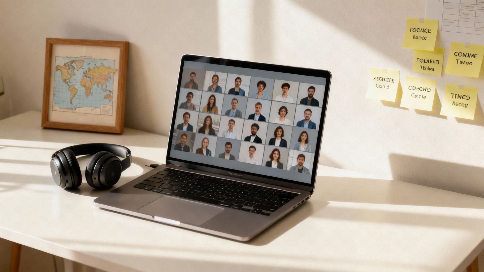 Modern workspace with a laptop displaying a video conference, headphones, and sticky notes on a wall.