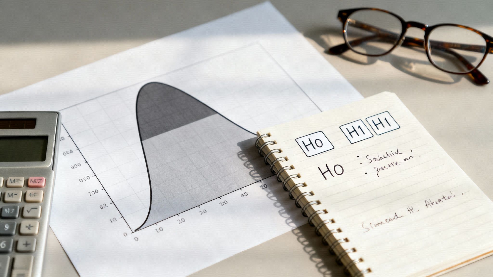 A desk with a calculator, a bell curve graph, eyeglasses, and a notebook with statistical notes.