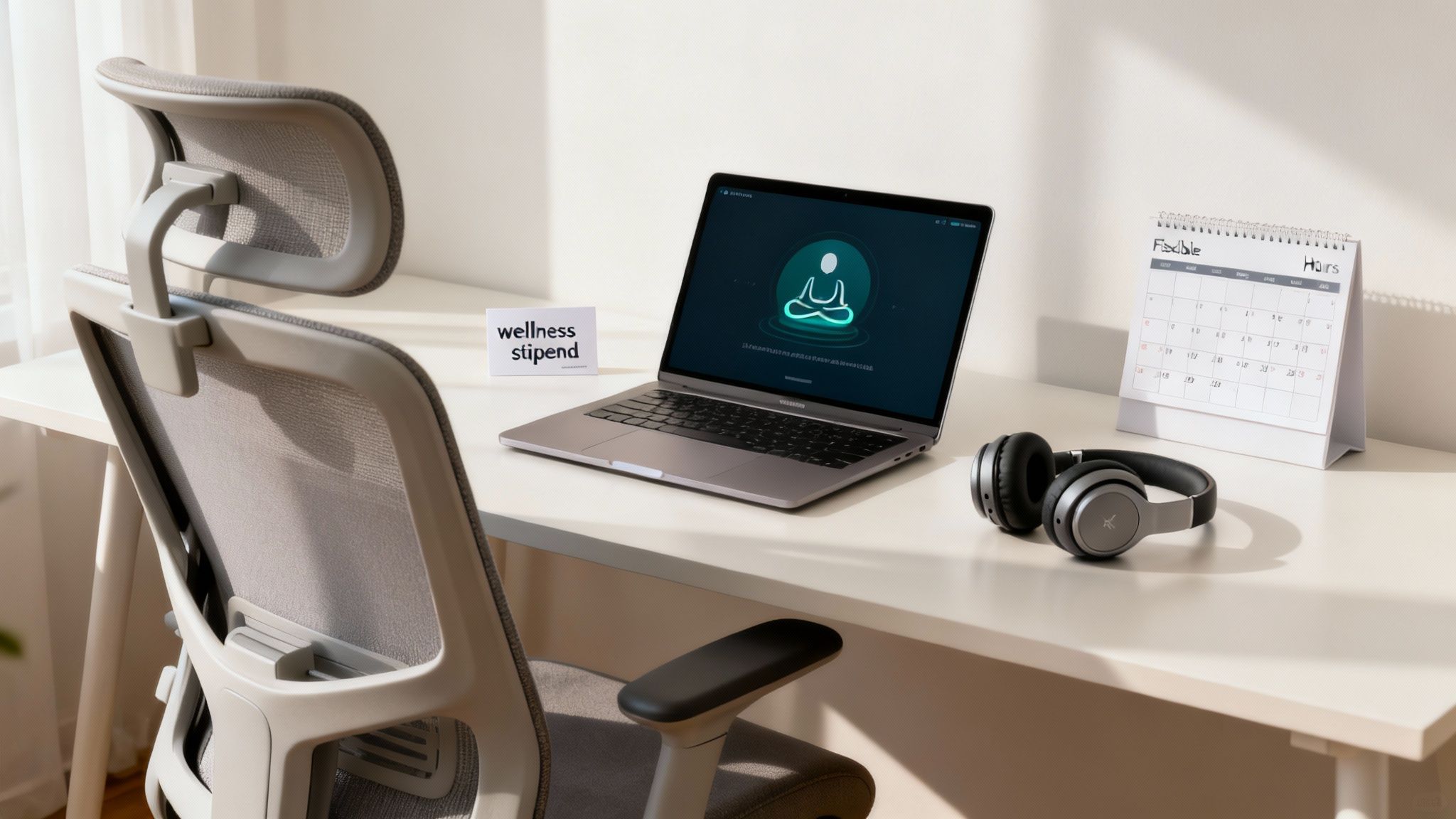 Modern home office with ergonomic chair, laptop showing meditation app, headphones, and 'wellness stipend' card.