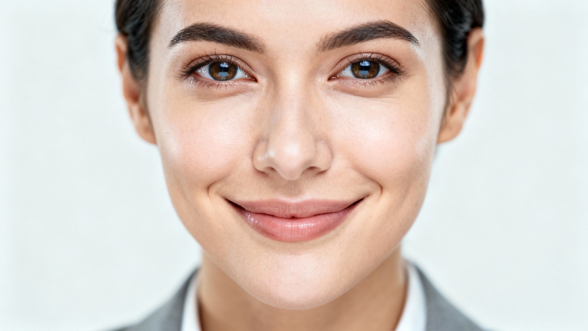 Close-up of a smiling young woman with brown eyes, looking directly at the viewer.