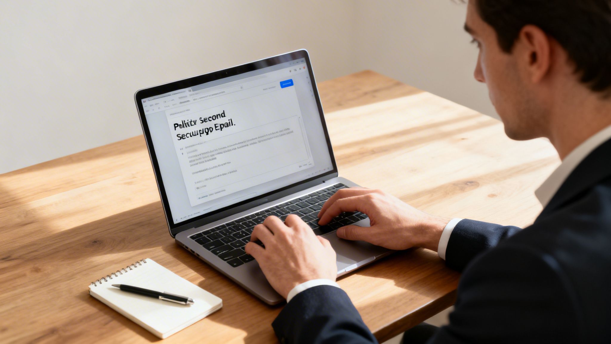A man in a suit types on a laptop, writing a second follow-up email on a wooden desk.