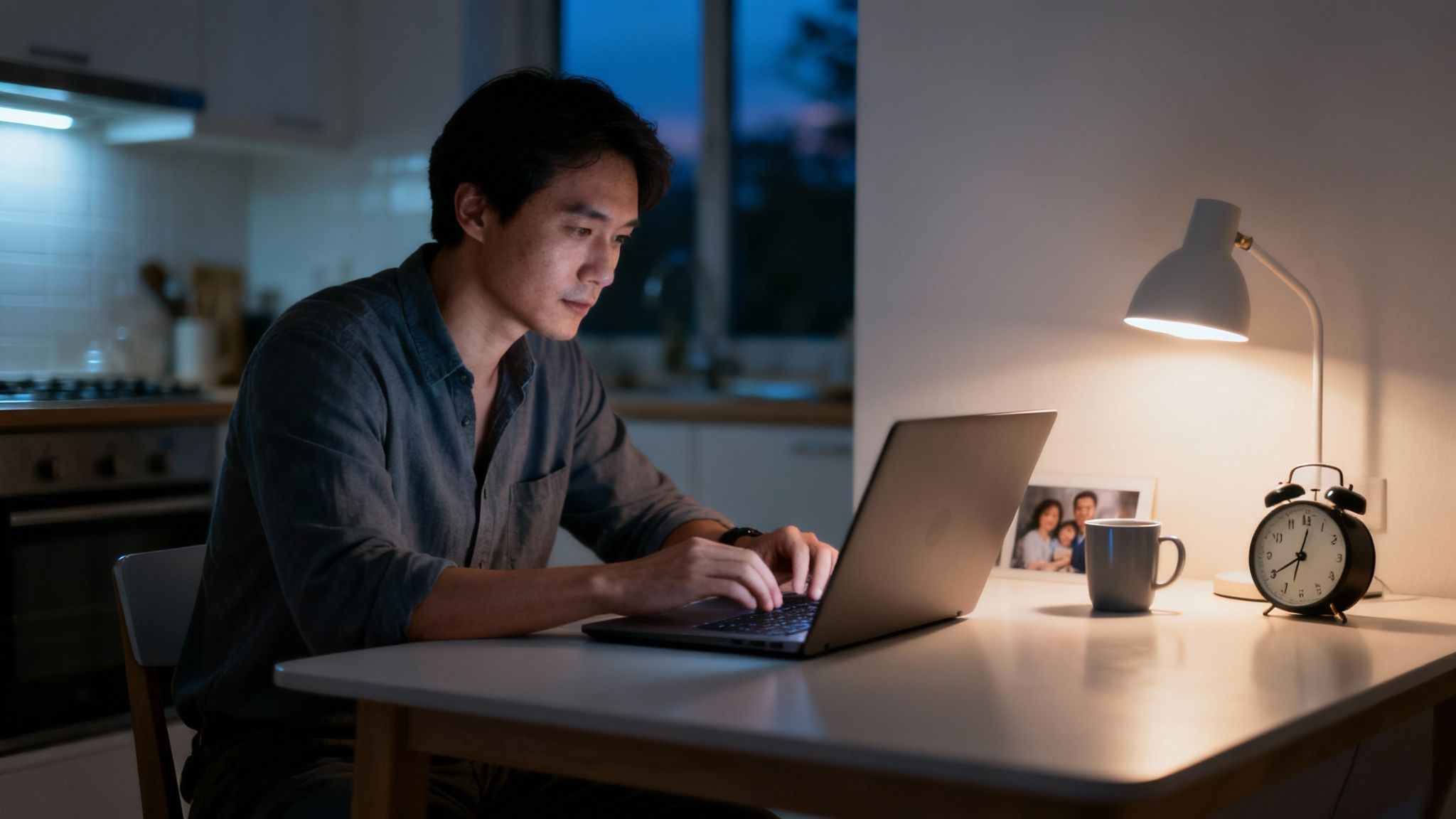 A person sitting at a desk with a laptop, looking thoughtful, representing the challenges of remote work.