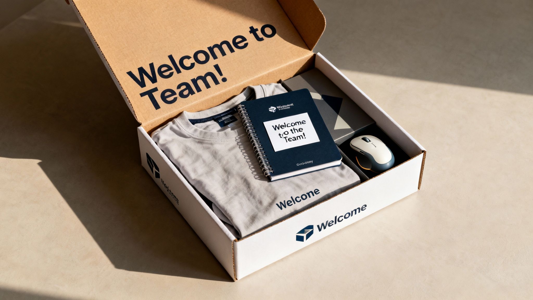 Welcome to Team onboarding box with company branded notebook, t-shirt, and computer mouse