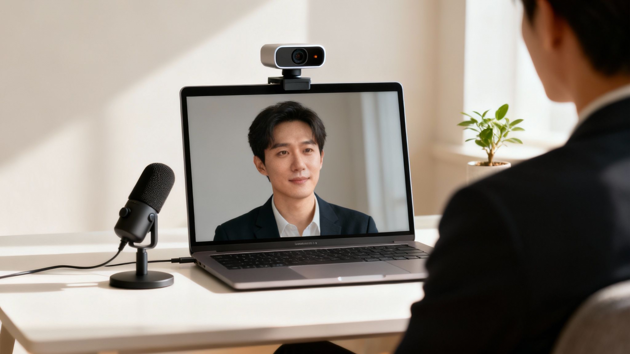 A person views a man on a laptop during a video interview with a webcam and microphone.