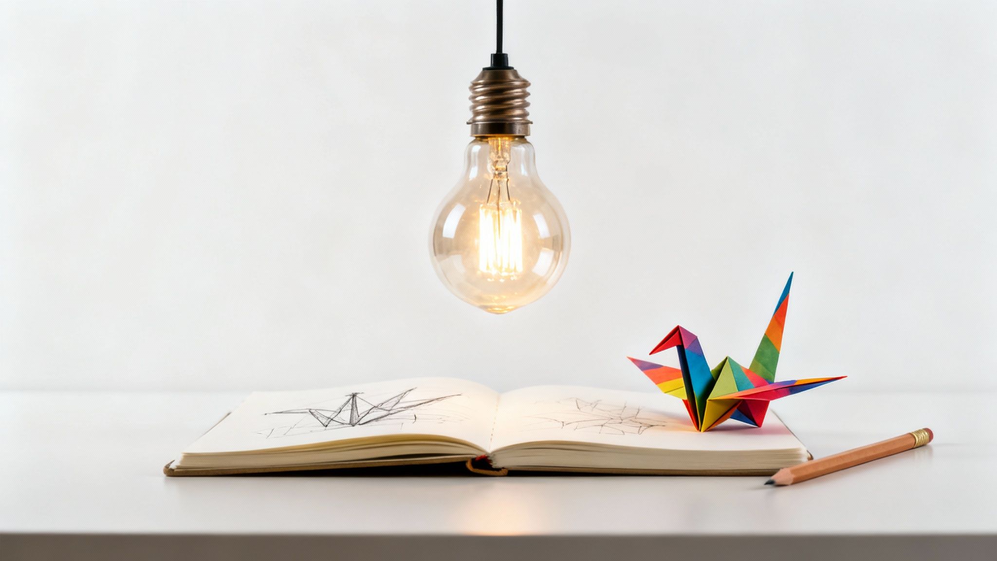 Creative workspace with illuminated lightbulb, open notebook with sketches, colorful origami crane and pencil