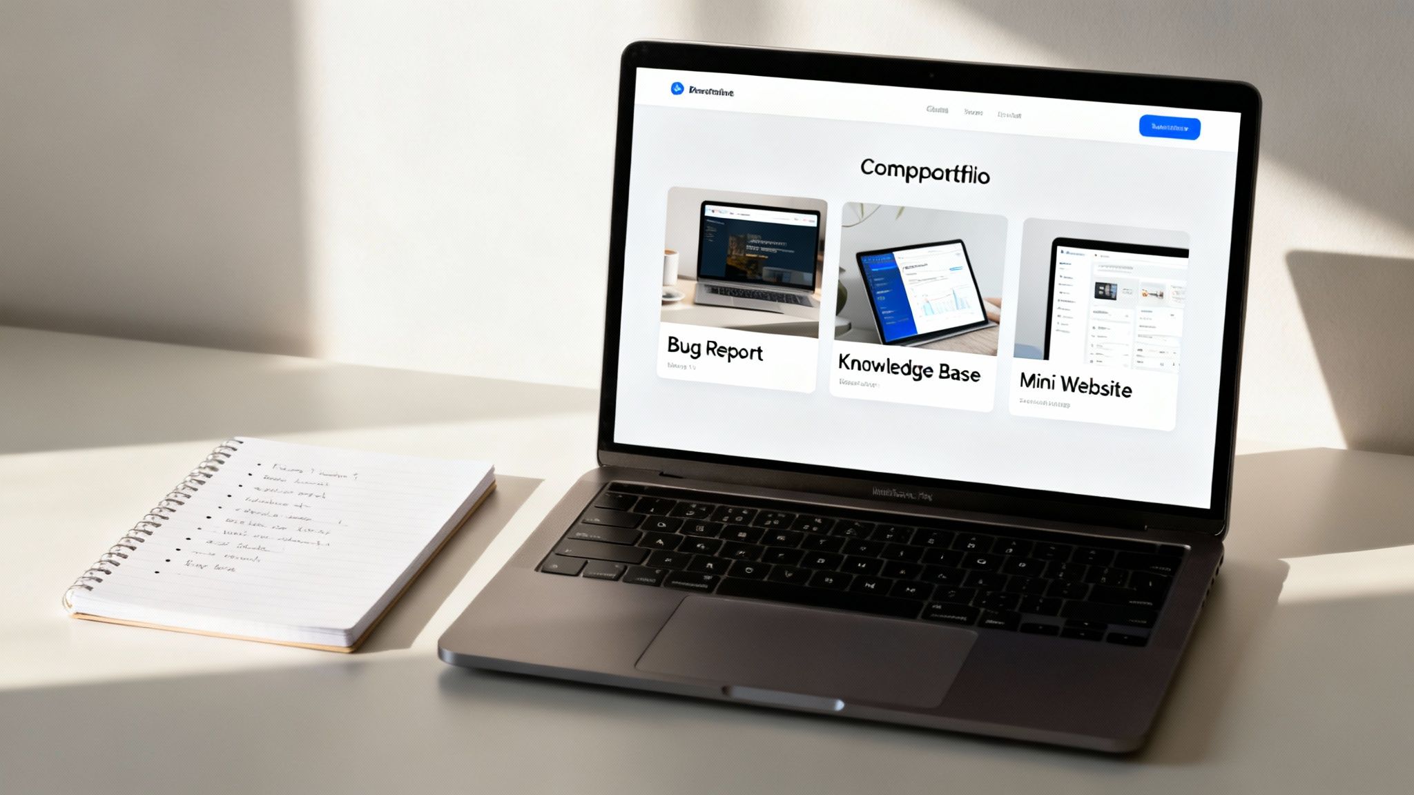 A modern laptop displays a Compportfolio website with projects, beside a spiral notebook on a sunny desk.