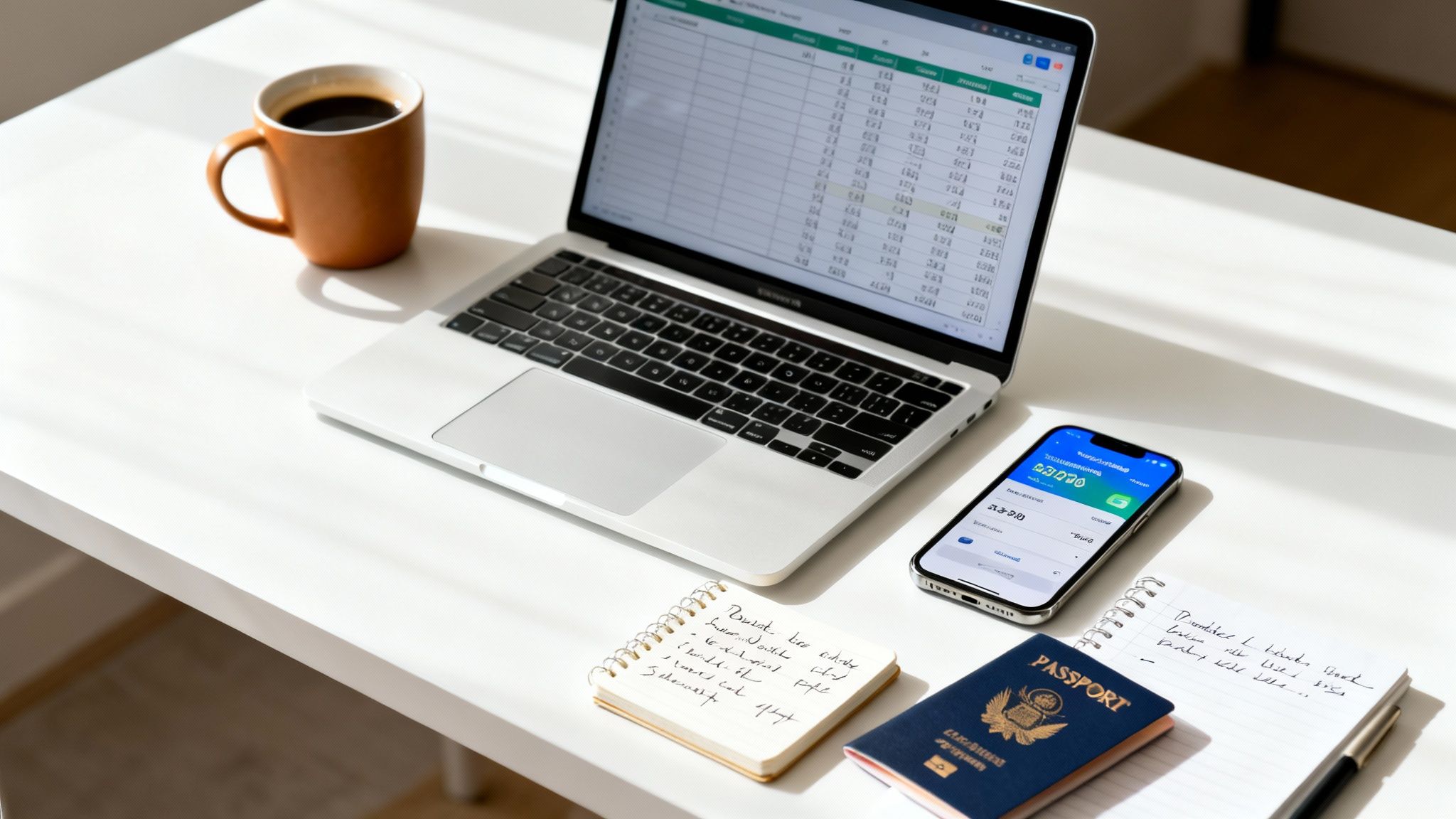 Laptop, smartphone, passport, coffee, and notebooks on a white desk, ideal for remote work and travel.