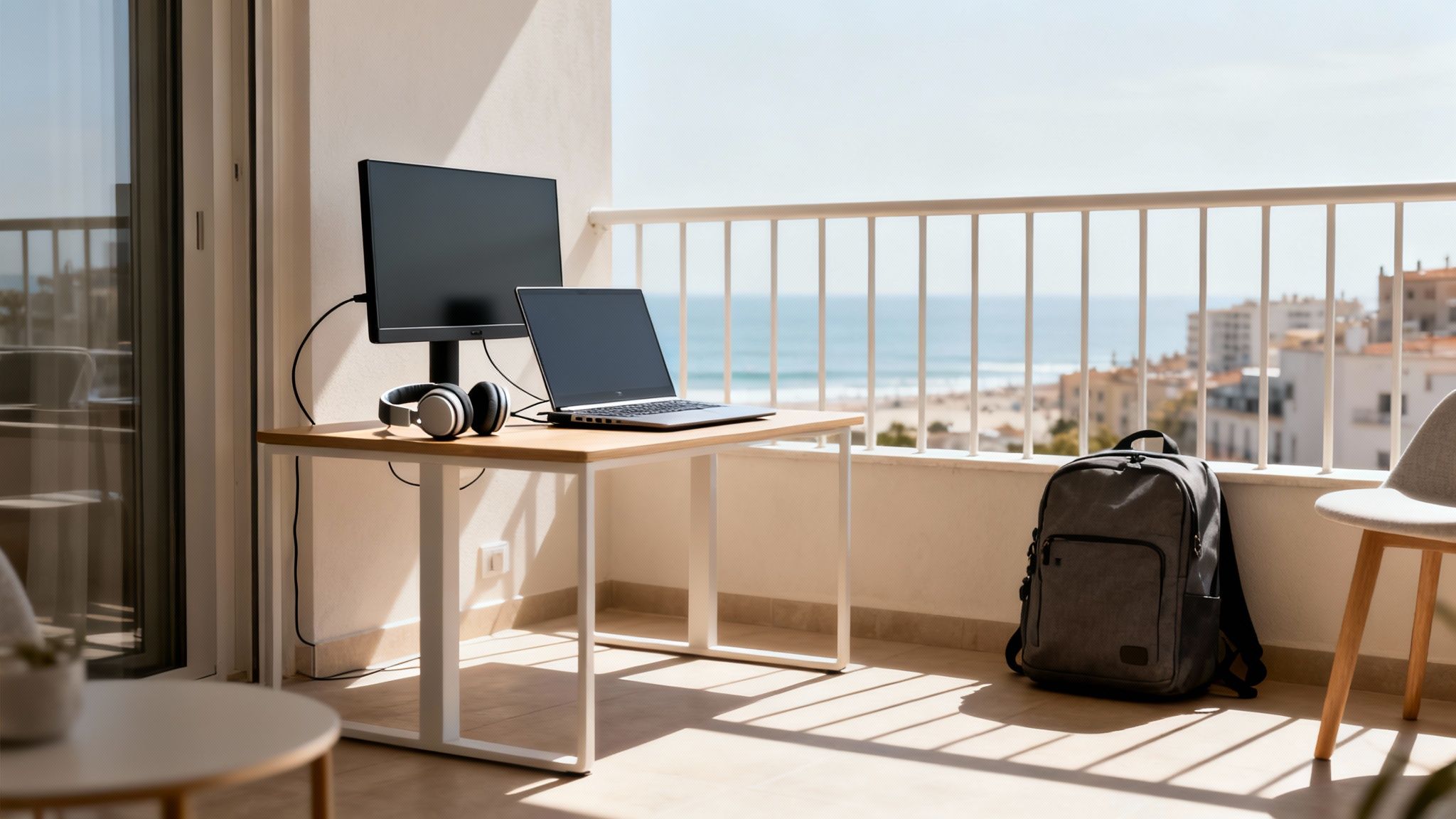 Remote work setup on a sunny balcony with a sea view, a laptop, monitor, and headphones.