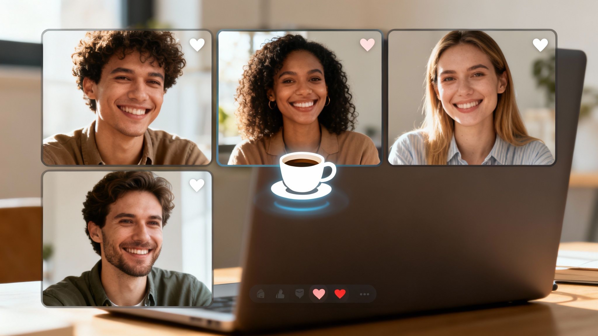 A laptop screen displays a virtual video conference with four diverse smiling people and a coffee cup icon.