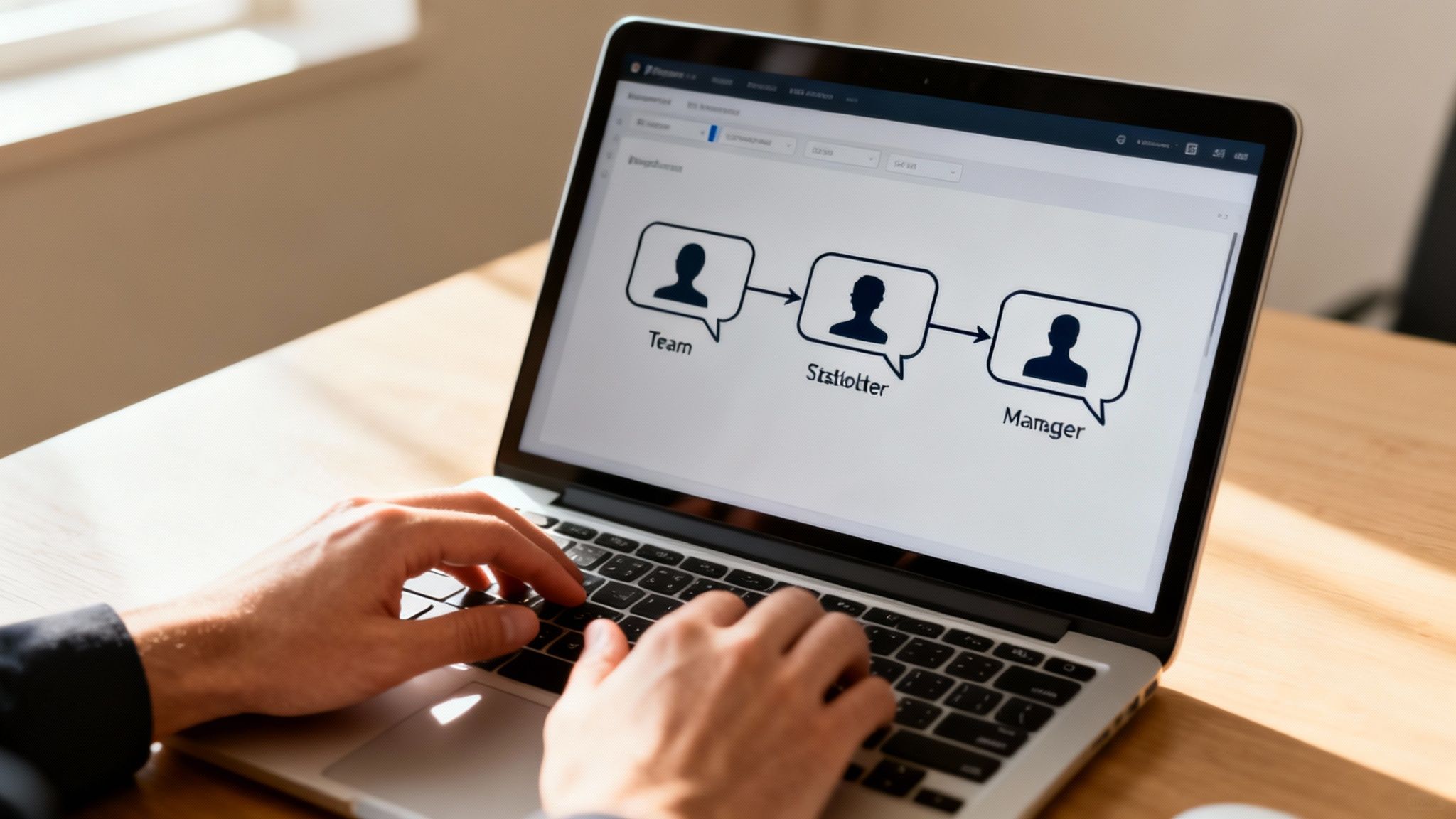 Hands typing on a laptop displaying an organizational chart with 'Team', 'Stattholder', and 'Manager' roles.