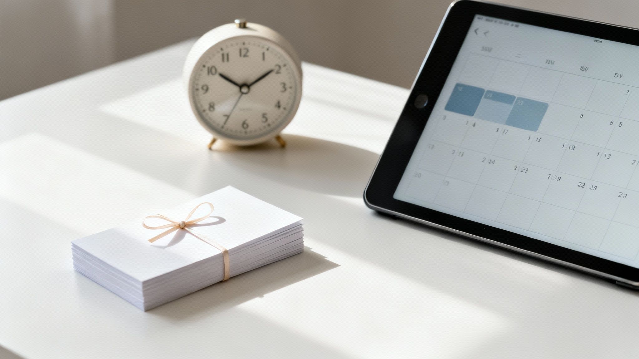 White desk with analog clock, tablet displaying digital calendar, and stack of note cards tied with ribbon