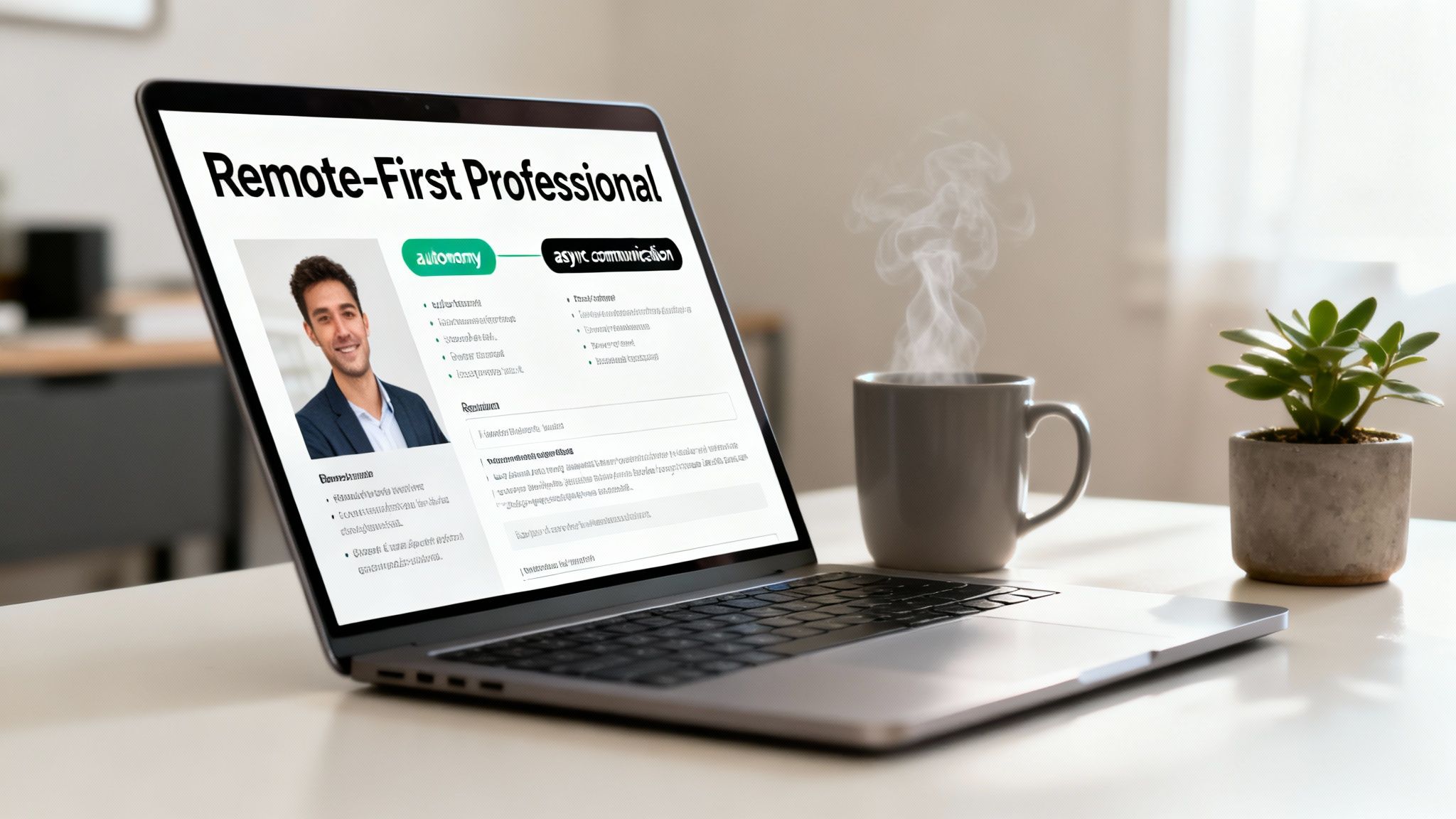 Laptop displaying remote-first professional resume template with autonomy and async communication skills highlighted