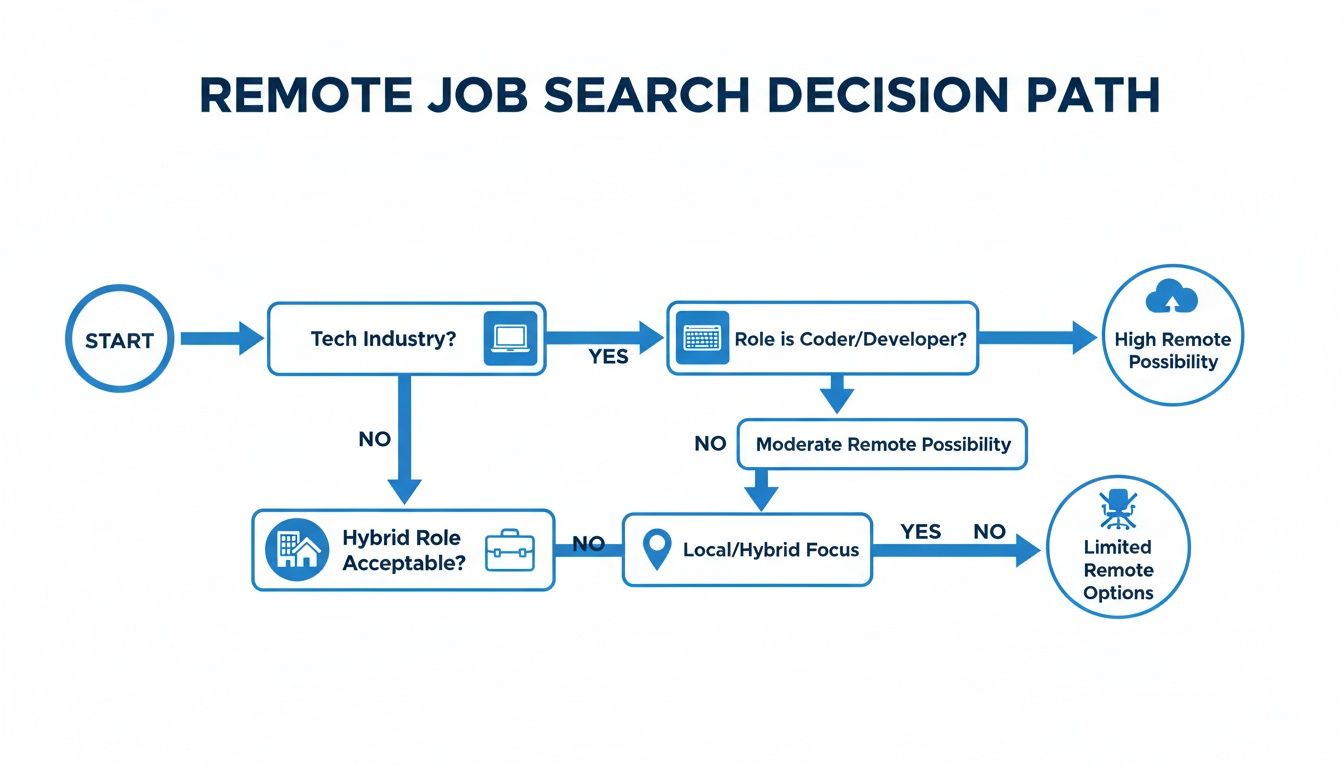 A flowchart illustrating the remote job search decision path for identifying high, moderate, or limited remote job possibilities.