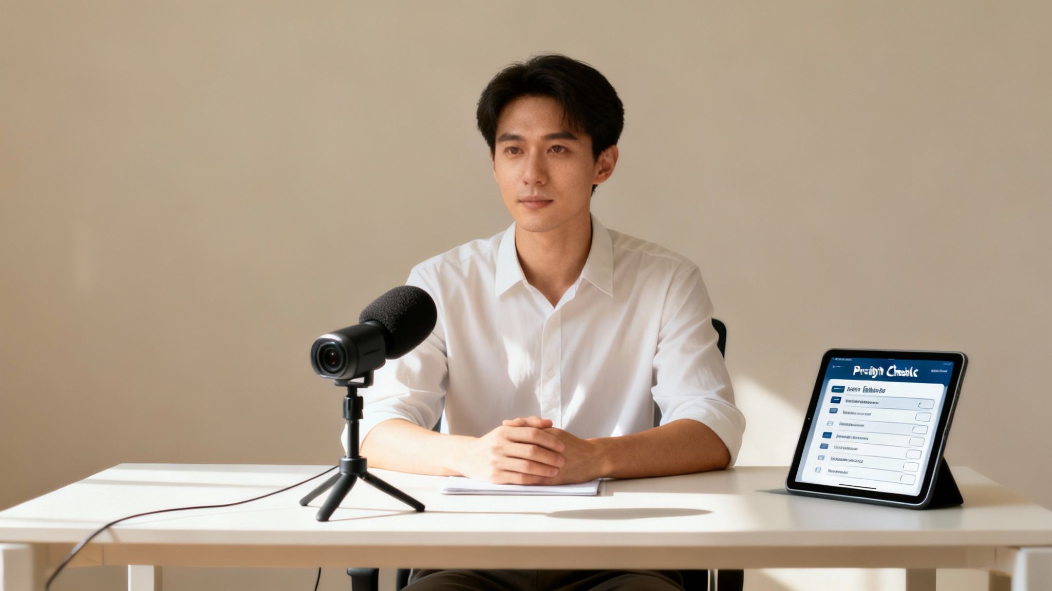A person sitting at a desk during a professional video call, with good lighting and a clean background.