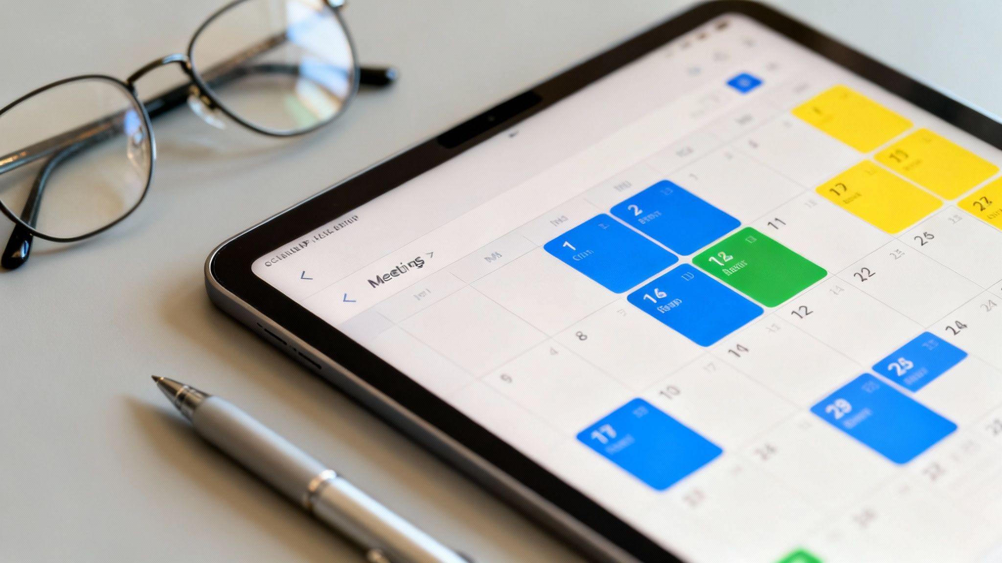 A tablet displays a digital calendar with meetings, next to glasses and a pen on a desk.