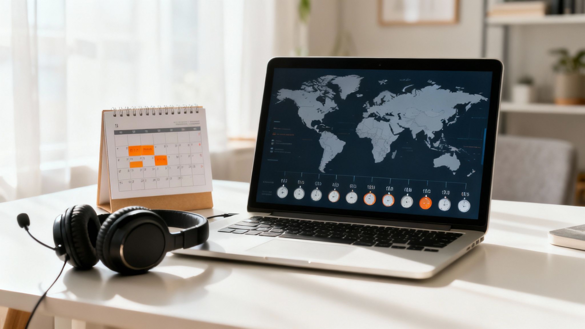 A world map on a digital screen with connection lines between different cities, representing a global team.