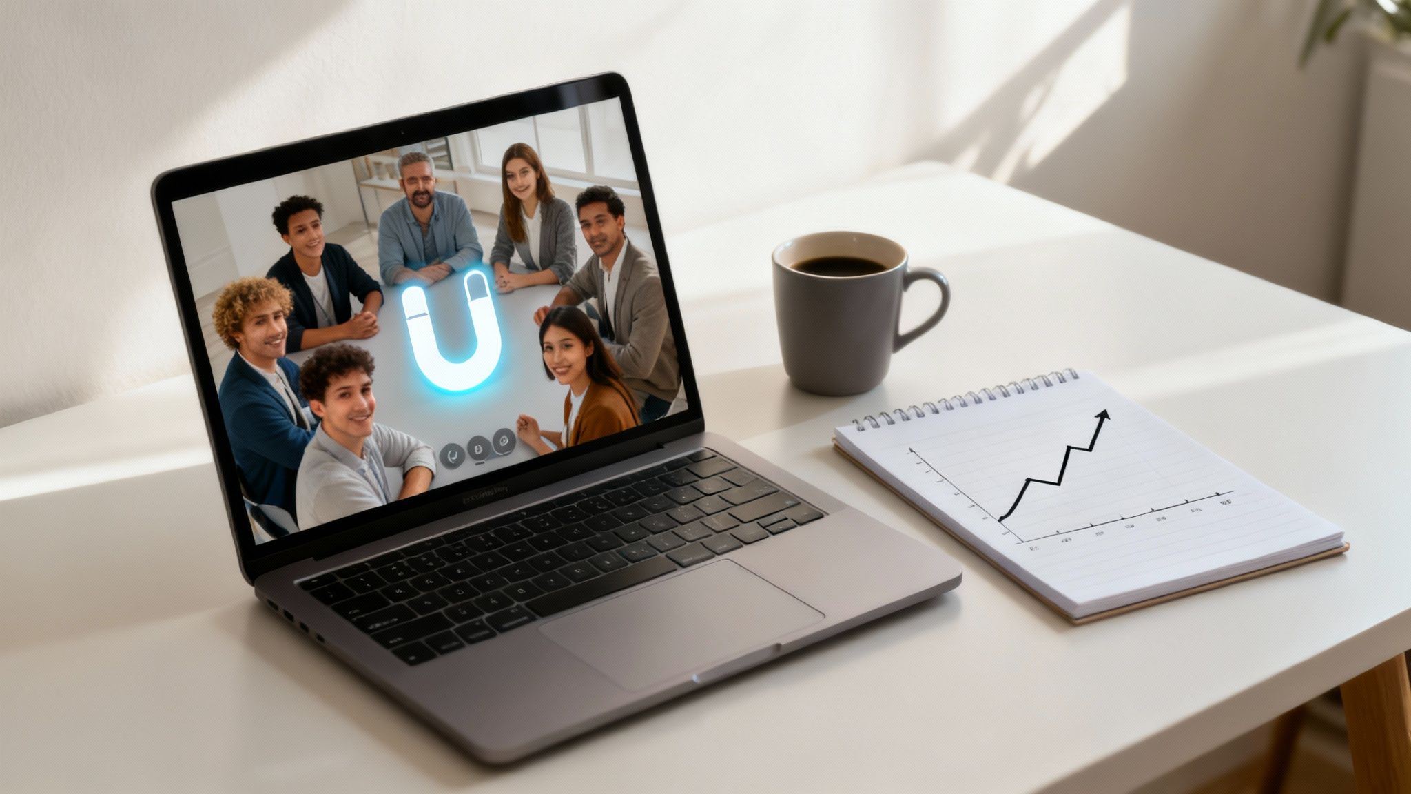A person smiling while working remotely on a laptop with a cup of coffee.