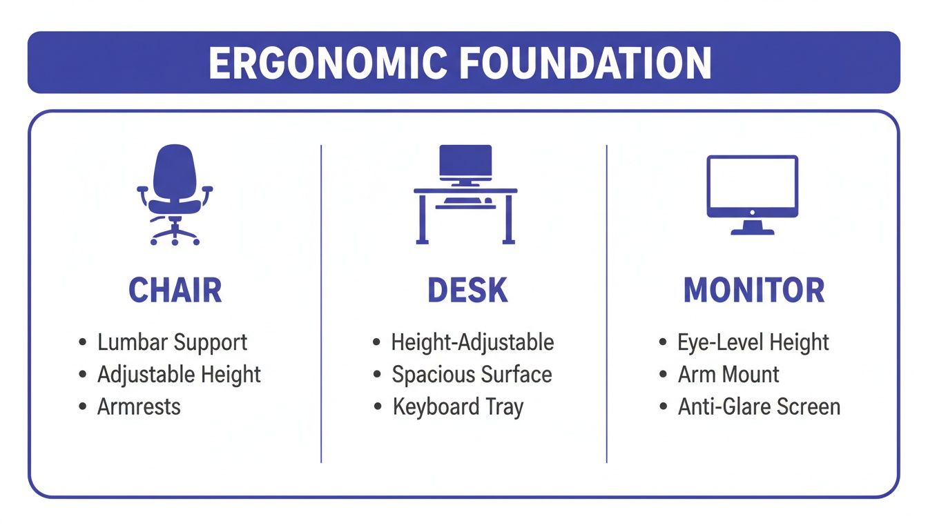 Infographic detailing ergonomic features for a comfortable work-from-home setup, including chair, desk, and monitor advice.