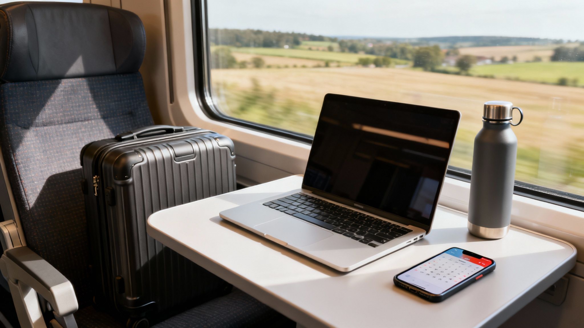 Laptop, water bottle, and smartphone on a train table next to a window with a countryside view and a suitcase.