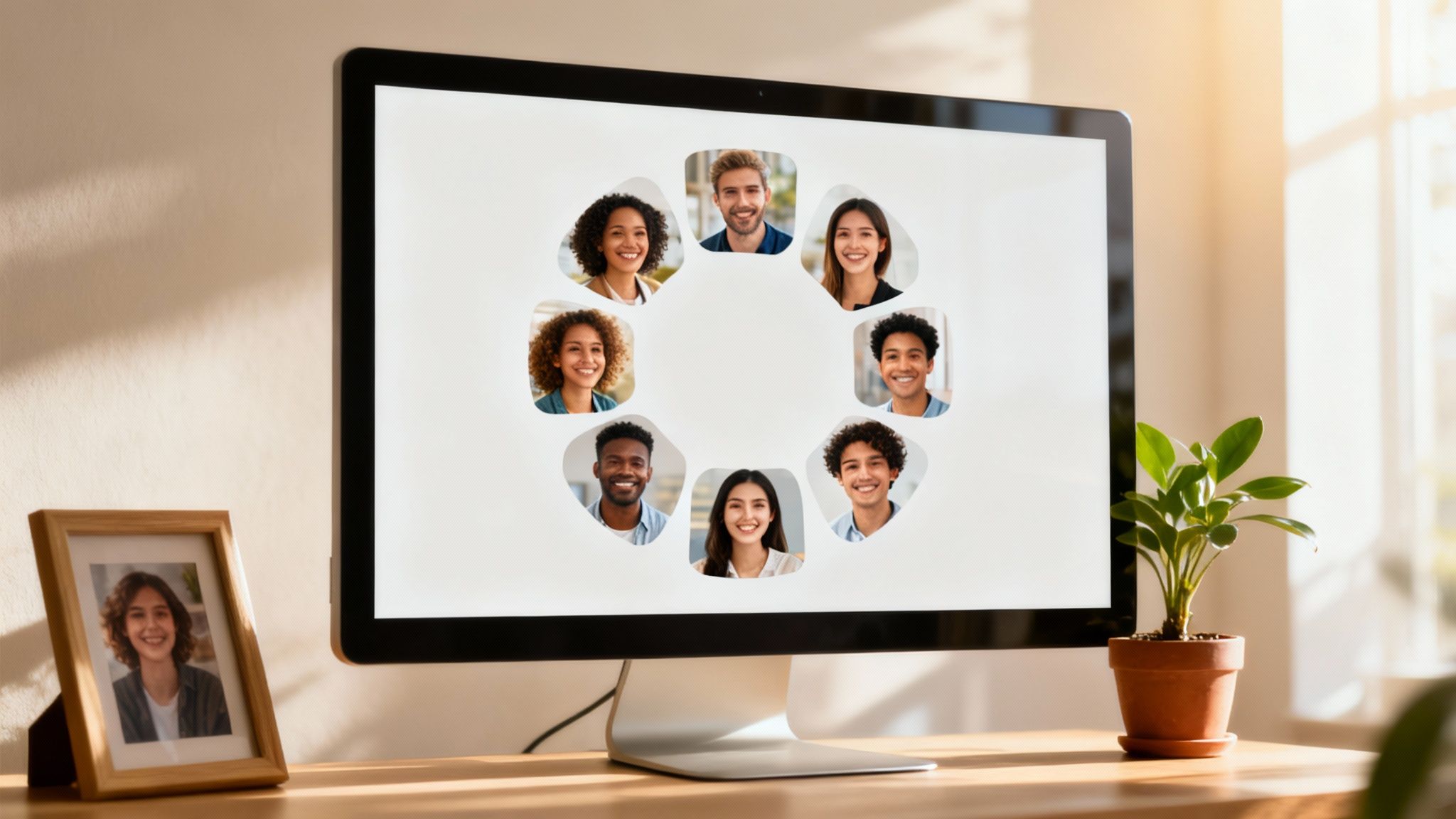 Computer screen displaying a video conference call with multiple diverse smiling faces, on a sunny desk.