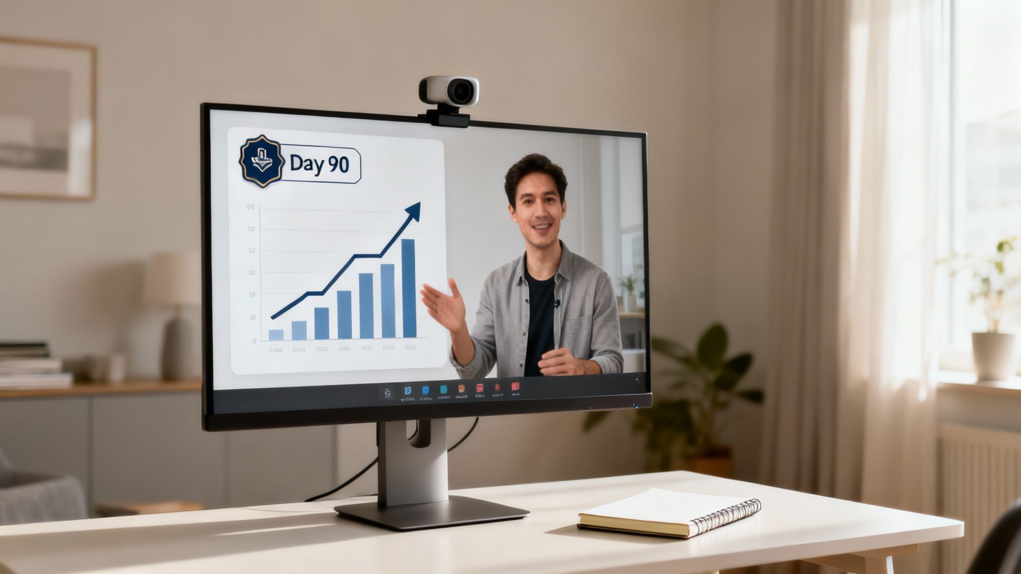 Man on computer monitor presents a 'Day 90' progress report with an upward trend graph.