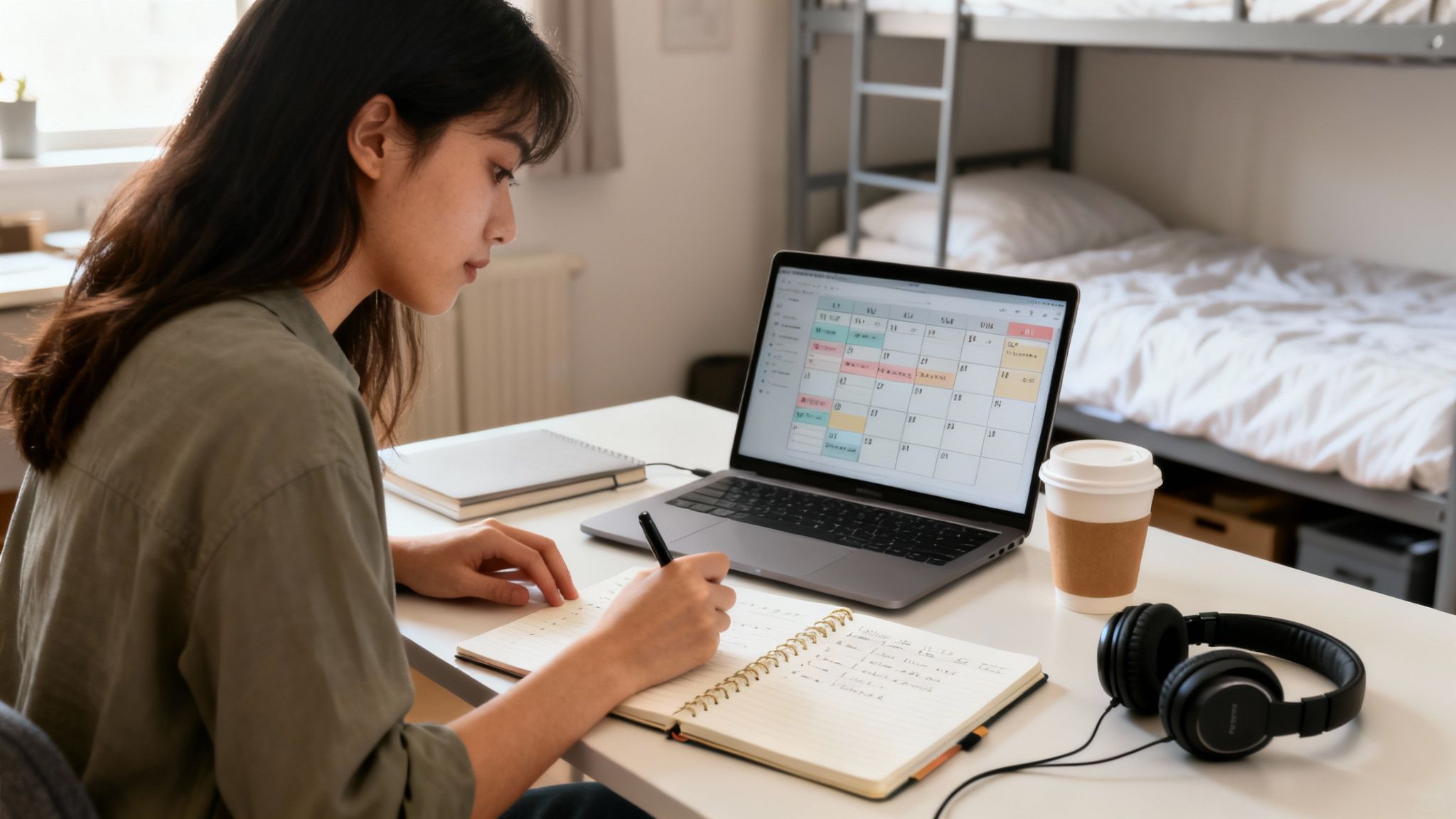 A student focused on remote learning, taking notes while viewing an online calendar on a laptop.
