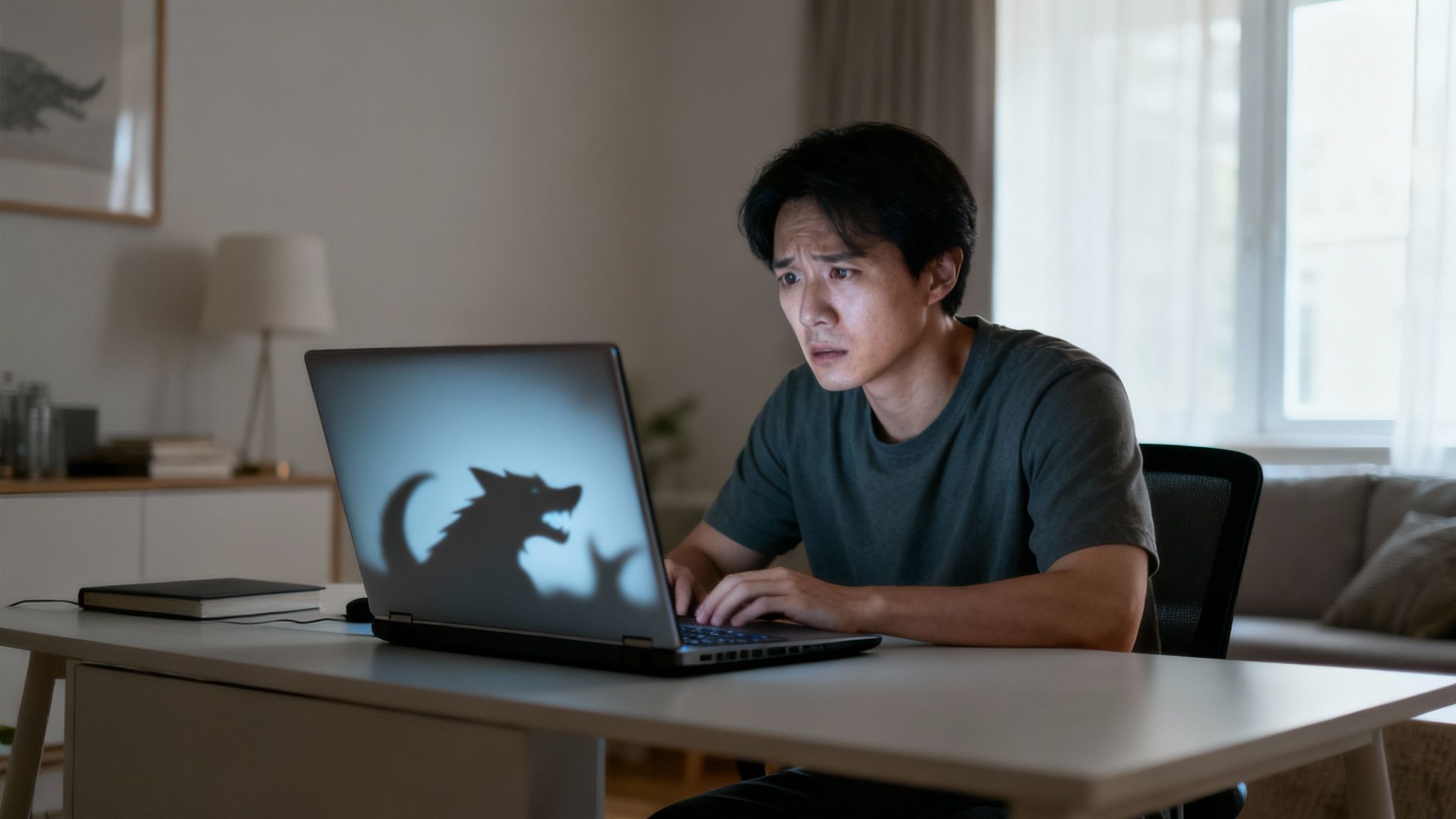 A scared man looks at his laptop, displaying a silhouette of a snarling wolf.