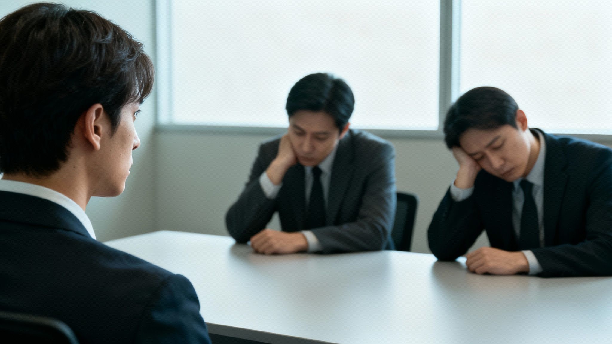 A man in a suit faces two dejected or tired men across a meeting table.