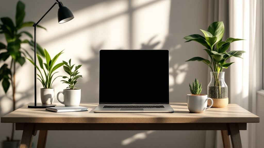 A diverse team collaborating effectively in a hybrid work environment, with some members in an office and others on screens.