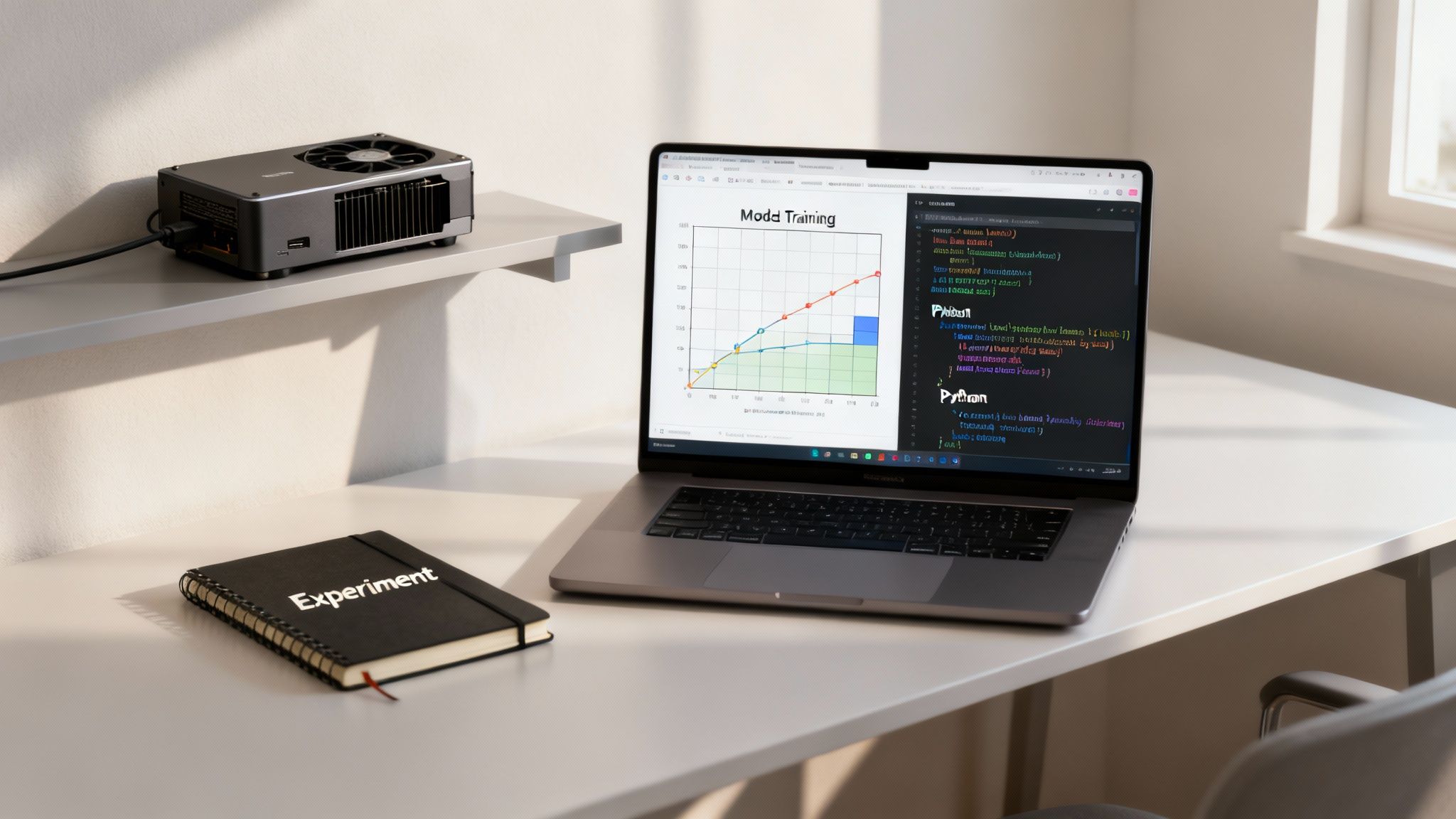 A clean modern workspace featuring a laptop displaying a training graph and Python code, alongside an 'Experiment' notebook and a small server device.