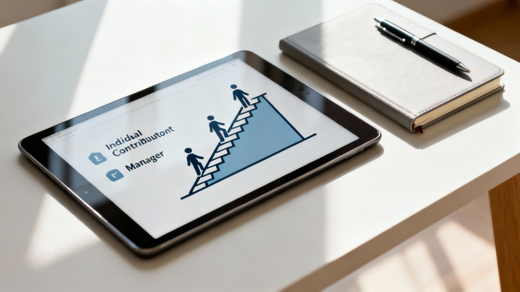 Tablet showing career progression from individual contributor to manager on a staircase chart.