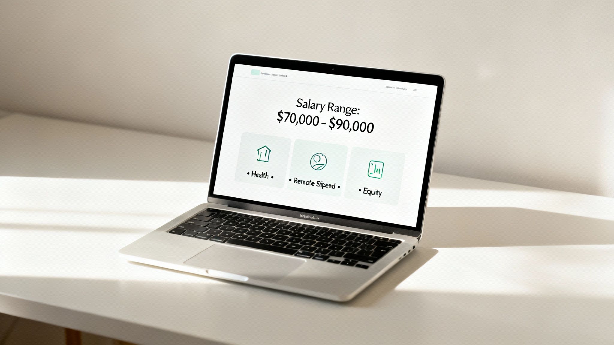 Close-up of a laptop displaying a job's salary range and key employee benefits.