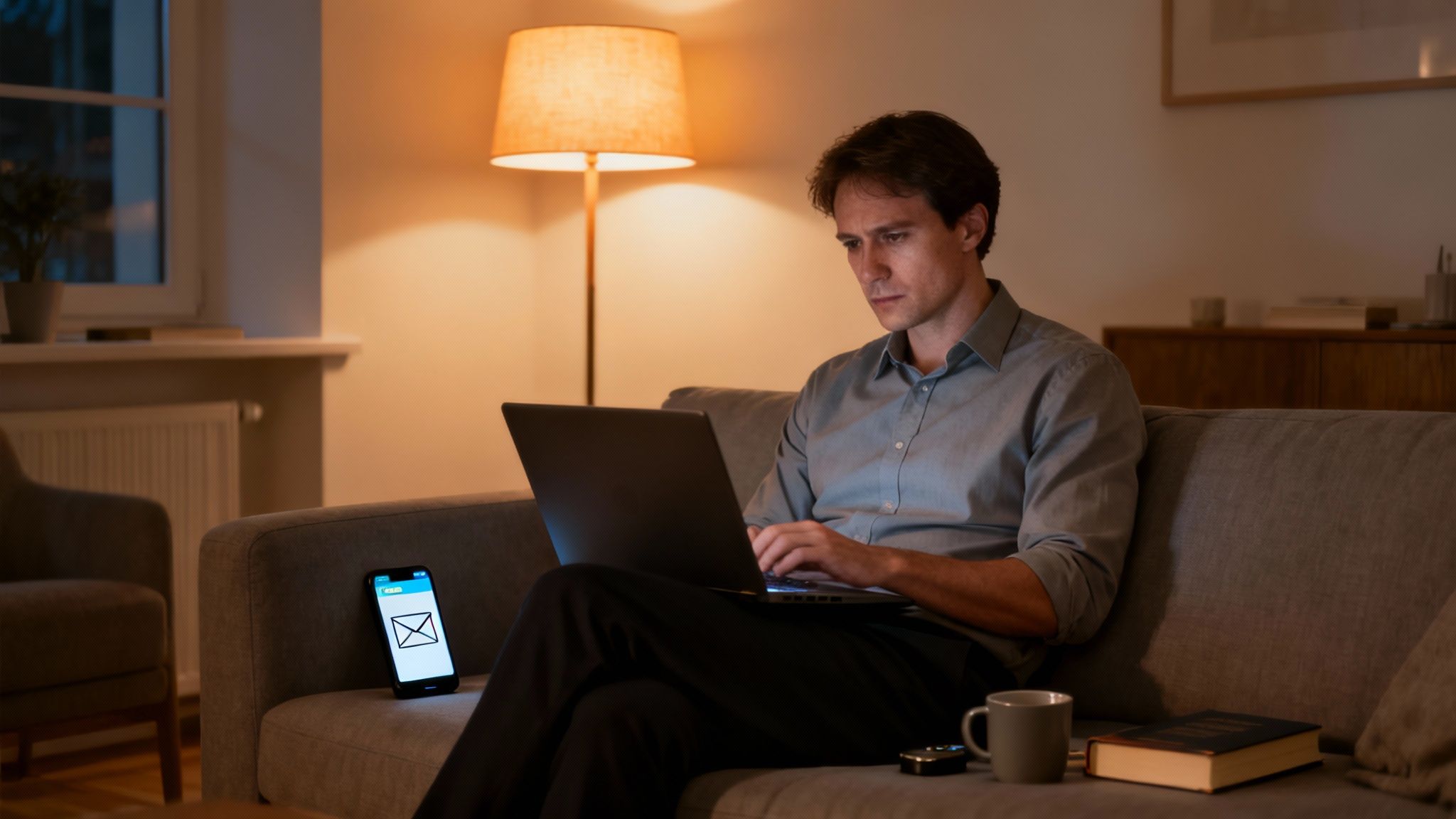 A person's desk is split in half, one side for work with a laptop and coffee, the other for personal life with a book and plant.