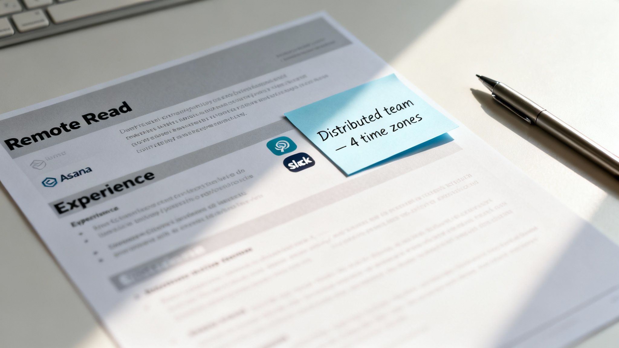 A document titled 'Remote Read' showing Asana and Slack logos, with a sticky note indicating a 'Distributed team - 4 time zones'.