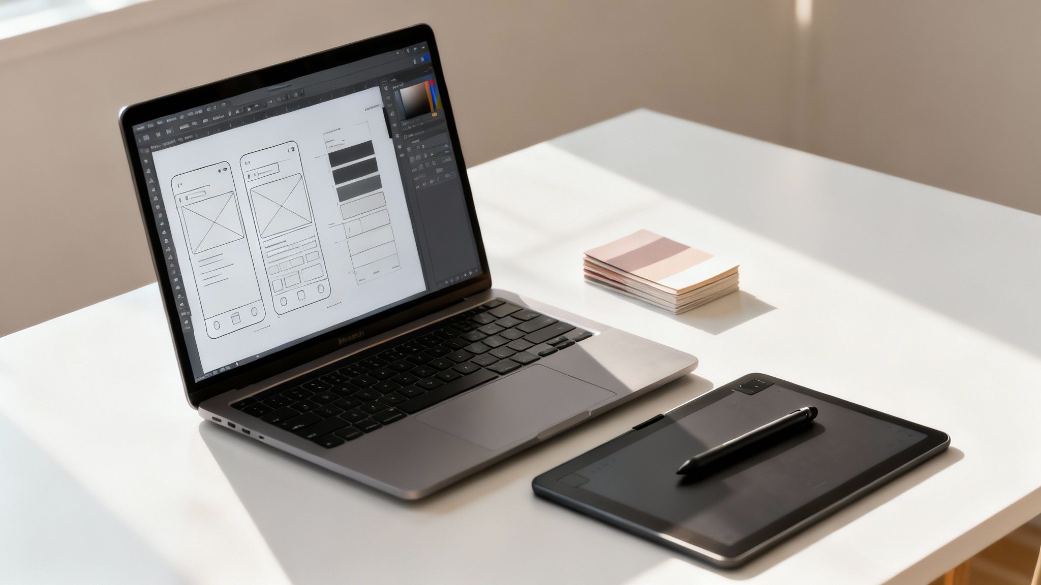 Modern UI/UX design workstation with laptop showing wireframes, graphic tablet, and color palette on white desk.