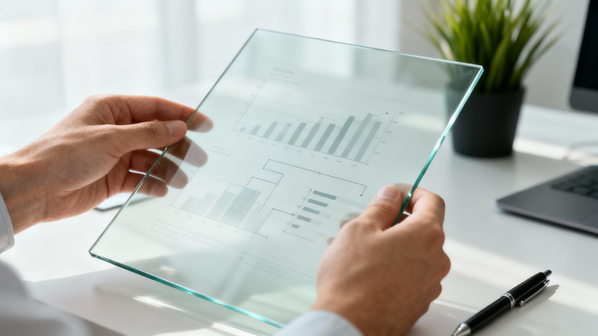 A person holds a futuristic transparent digital tablet displaying business graphs and data in a bright office.