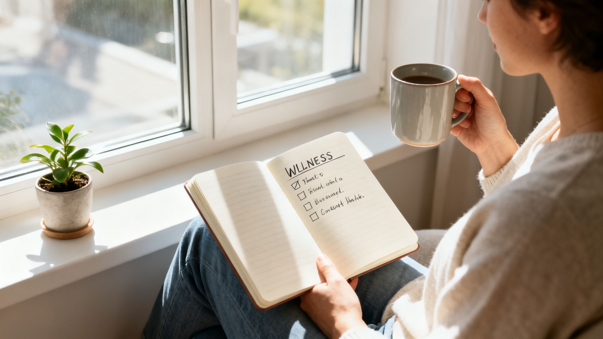 Person drinking coffee and writing a wellness checklist in a notebook by a bright window with a plant.
