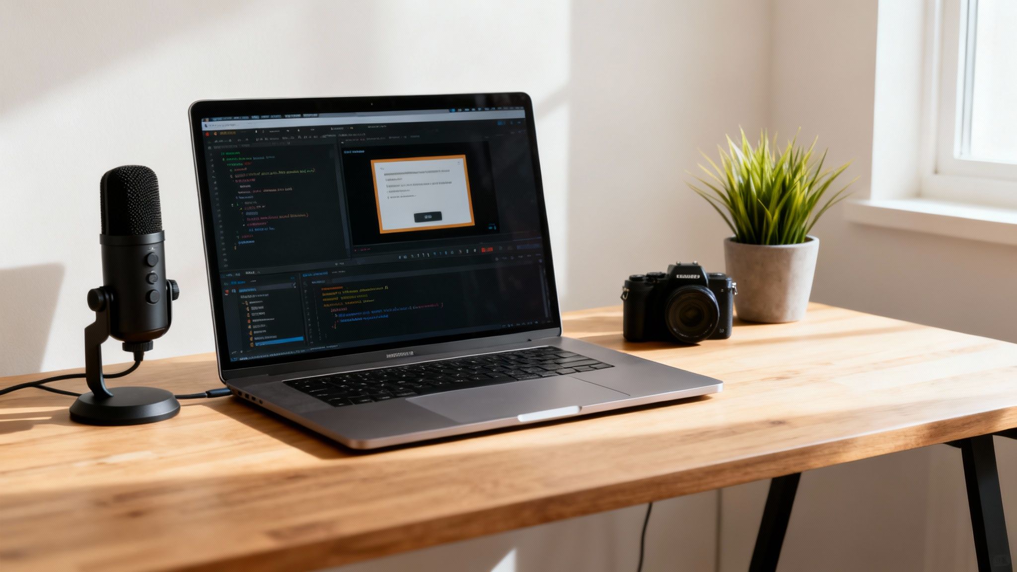 A modern workspace with a laptop, microphone, camera, and plant on a wooden desk.