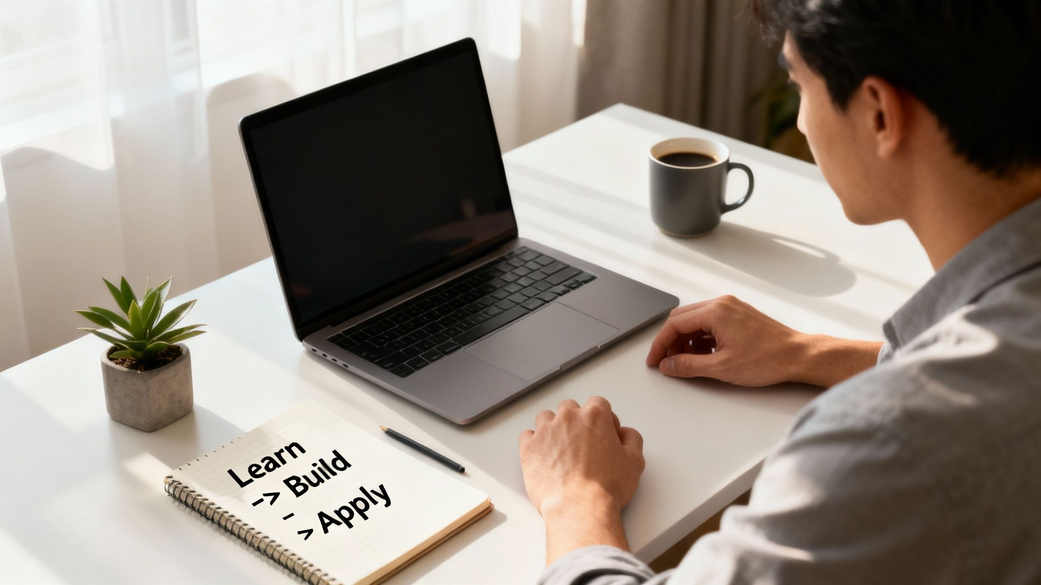 A man working remotely on a laptop with a motivational notebook and coffee on a white desk.