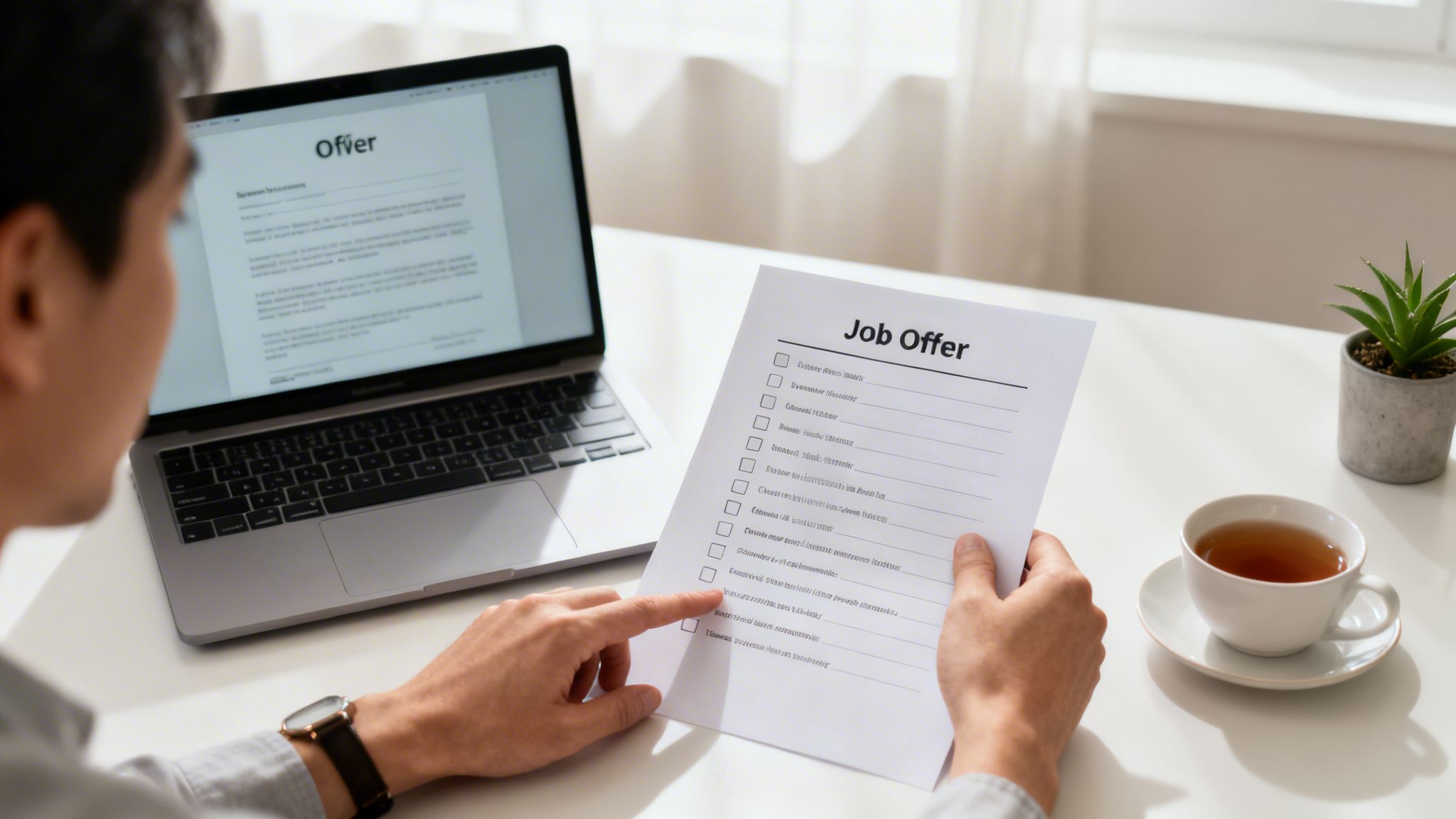 A person reviews a job offer checklist while looking at an offer letter on a laptop.