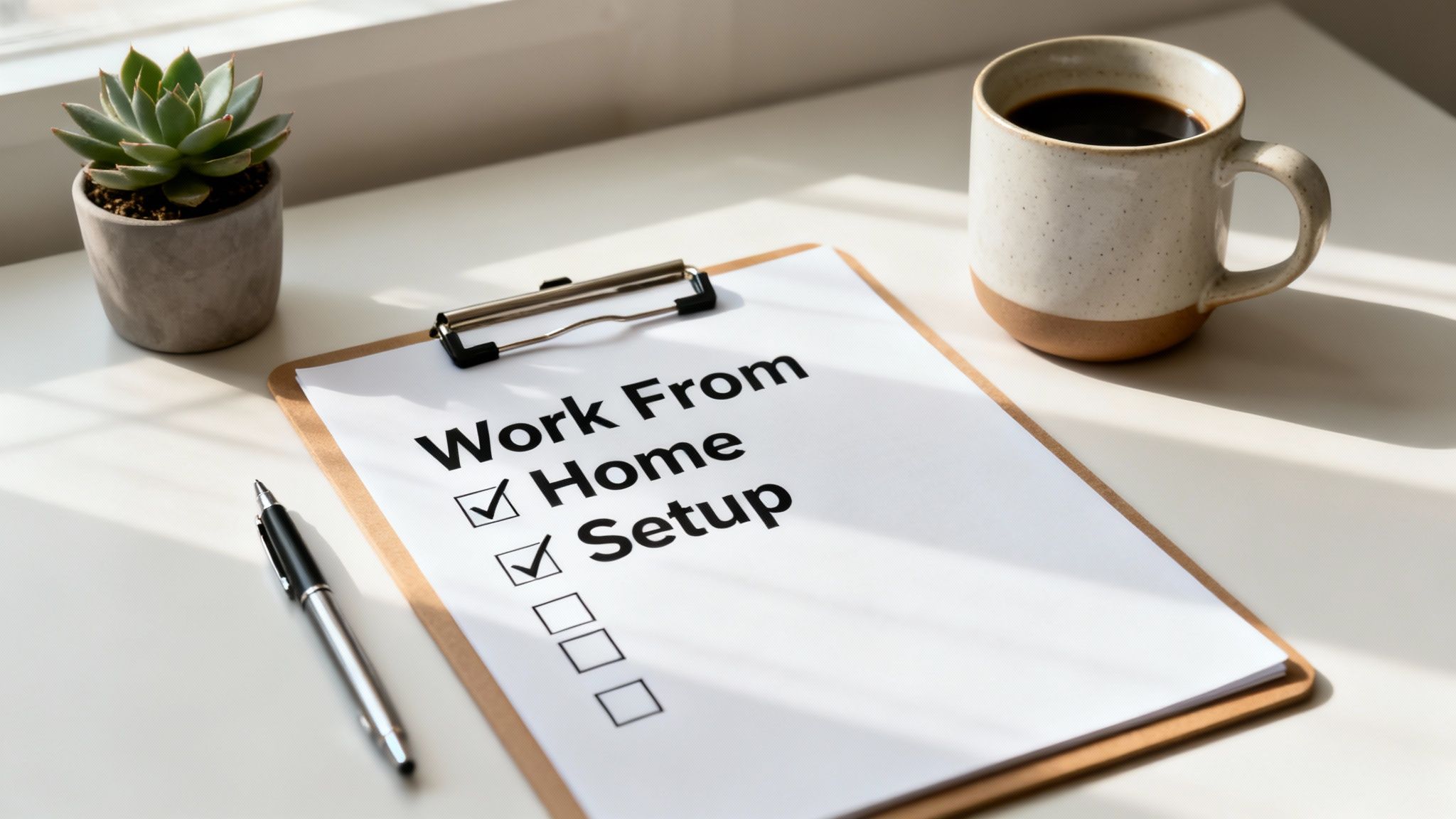 A clipboard on a desk showing a 'Work From Home Setup' checklist, next to a plant and coffee.